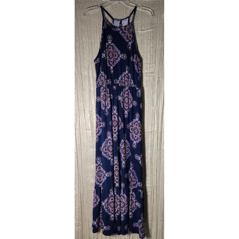 French Gray Navy Medallion Paisley Maxi Dress Empire Waist M Vacation